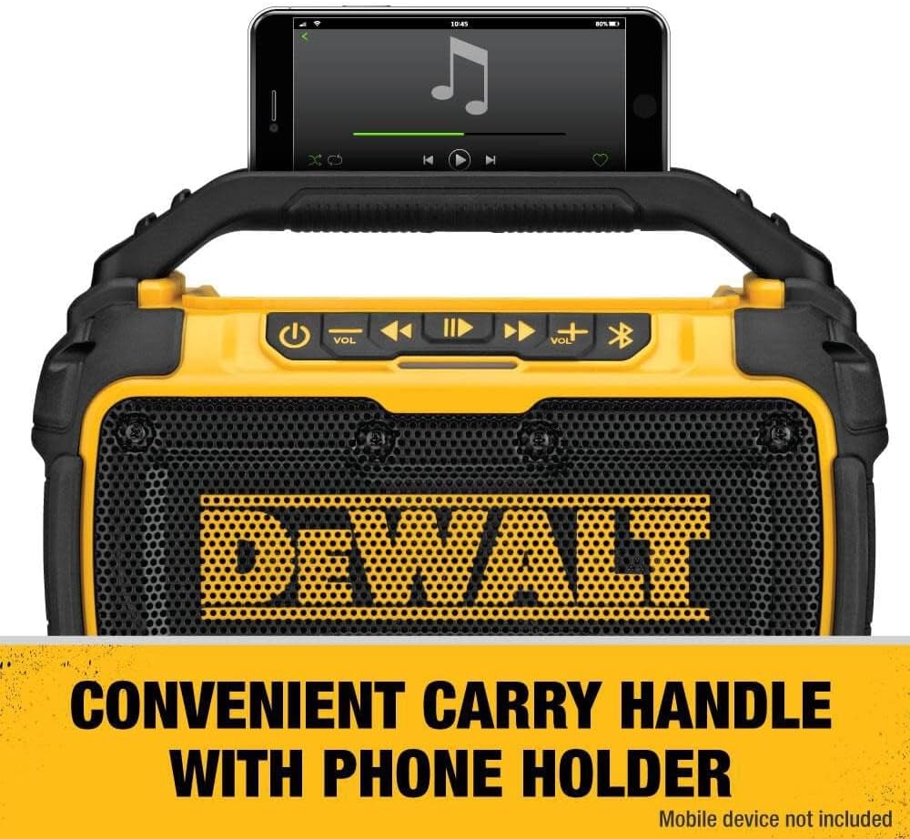 DEWALT 20V MAX Bluetooth Speaker, 100 ft Range, Durable for Jobsites, Phone Holder Included, Lasts 8-10 Hours with Single Charge (DCR010)