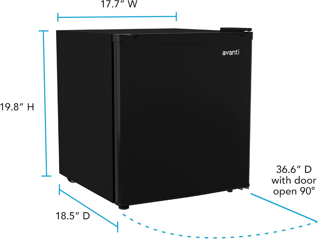 Avanti Mini Fridge 1.6 Cu. Ft. Compact Refrigerator for Dorm, Office & Bedroom, Chiller Compartment, Glass Shelf, Reversible Door, ENERGY STAR, Black