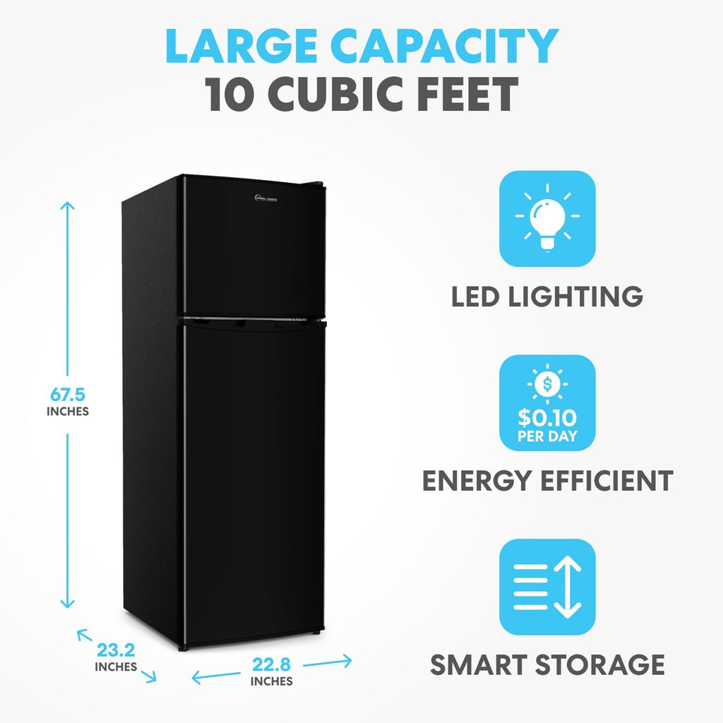 Simpli-Magic 10 Cu.Ft. Fridge with Freezer – Double Door Compact Refrigerator for Office, Dorm, Bedroom, Garage – Adjustable Thermostat, Large Capacity, Stainless Steel Finish