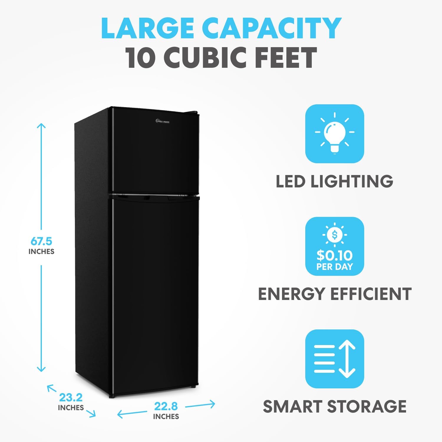 Simpli-Magic 10 Cu.Ft. Fridge with Freezer – Double Door Compact Refrigerator for Office, Dorm, Bedroom, Garage – Adjustable Thermostat, Large Capacity, Stainless Steel Finish