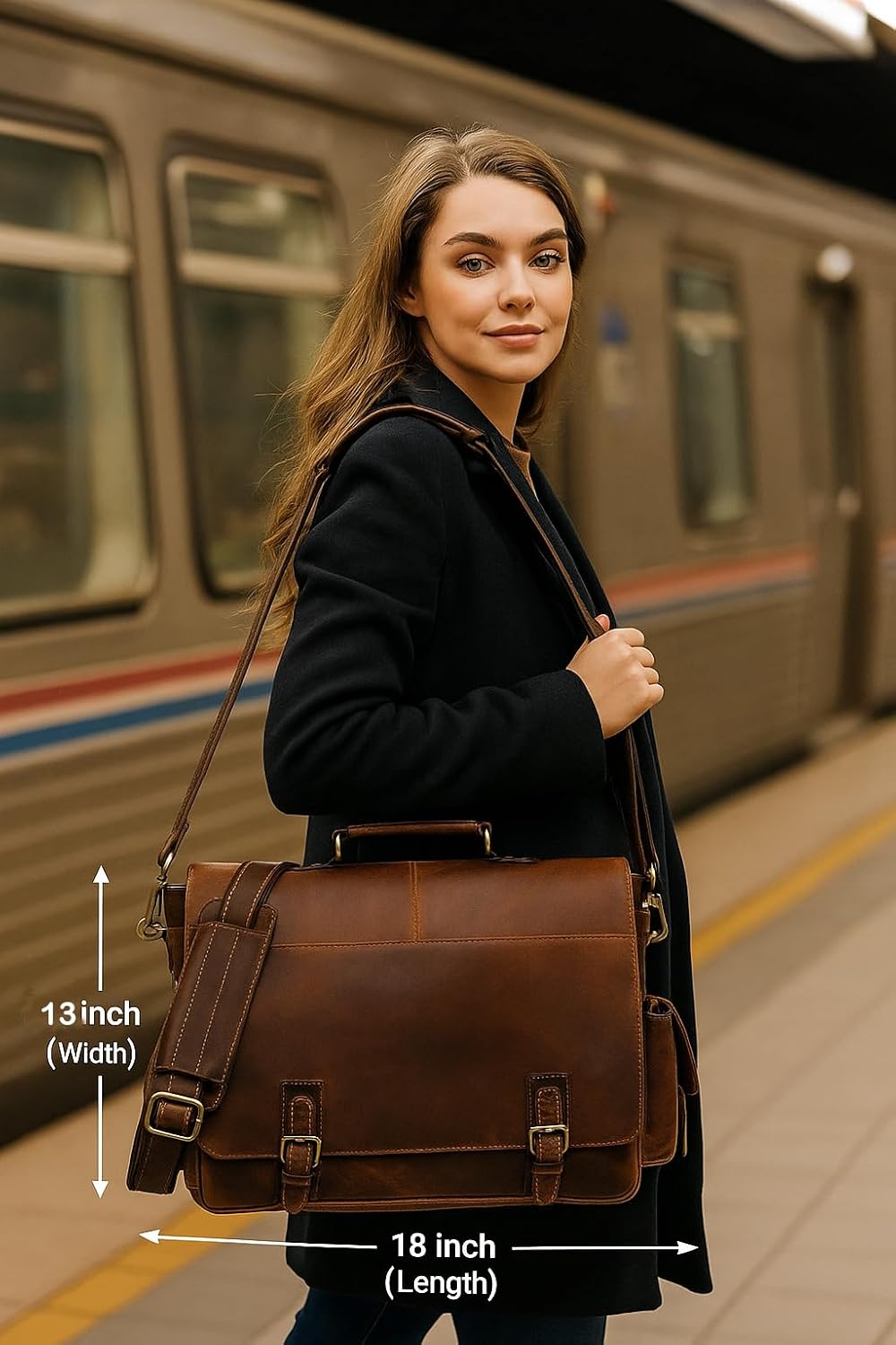 18-Inch Brown Premium Leather Messenger Bag for Men & Women - Briefcase, Camera & Laptop, Crossbaody, Handbag, Shoulder, Travel Bag