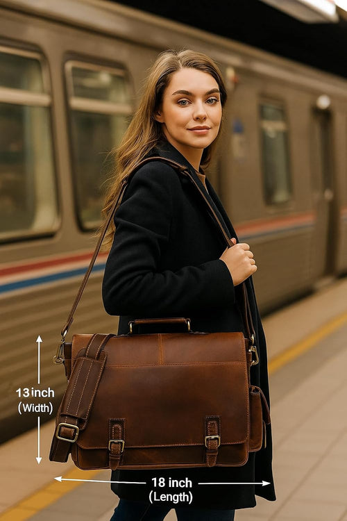 18-Inch Brown Premium Leather Messenger Bag for Men & Women - Briefcase, Camera & Laptop, Crossbaody, Handbag, Shoulder, Travel Bag