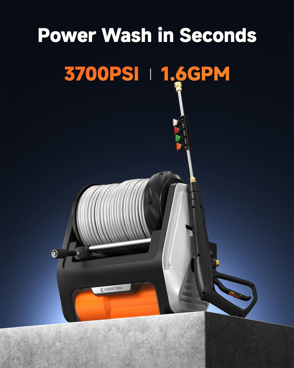 Giraffe Tools Grandfalls Retractable Wall Mounted Pressure Washer Pro, 3700 PSI, 1.6 GPM Electric Power Washer, Automatic Rewind, 100ft Pressure Hoses, 5 Nozzles for Cars/Fences/Patios, Light Silver