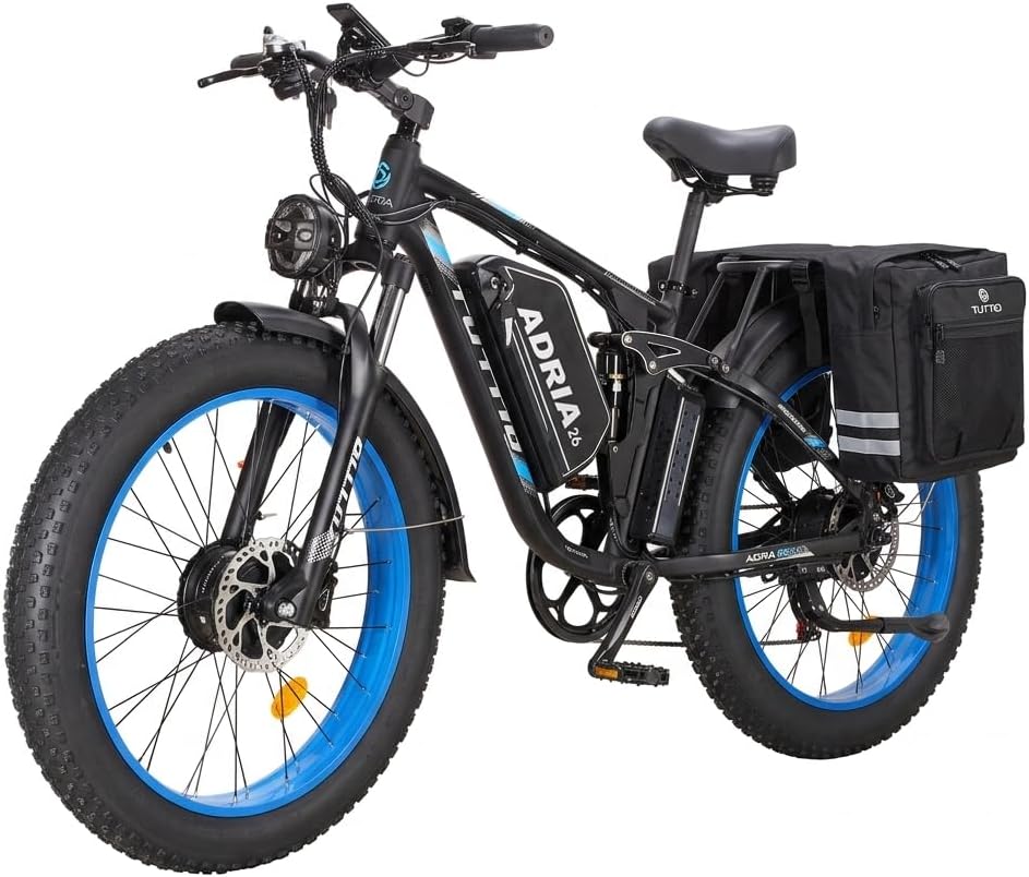 TUTTIO Adria26 5000W/6000W Dual Motor Ebike, 40-46MPH Electric Bike for Adults, 26' x 4' Fat Tire Electric Mountain Bike, 52V 25AH E-Bike Full Suspension Electric Dirt Bike for Off-Road Hunting