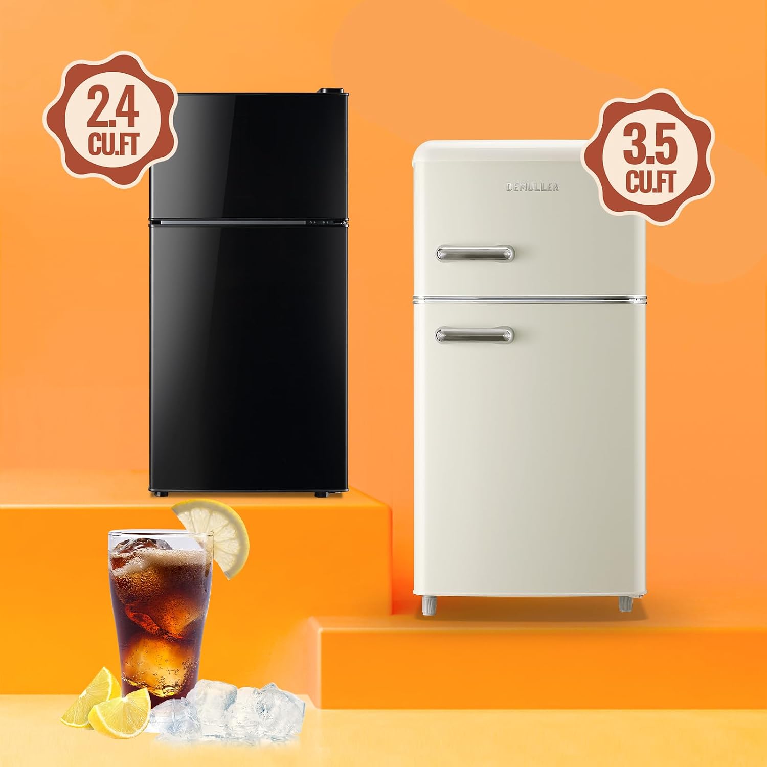 DEMULLER 2.4 Cu.ft Mini Fridge with Double Doors Small Refrigerator with Separate Freezer & 7 Adjustable Temperature Control, Tiny Size & Personal Fridge Ideal for Office Apartment Dorm Black