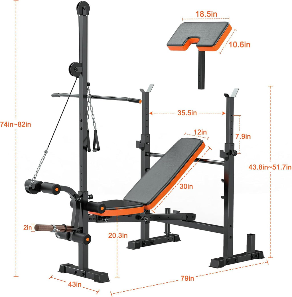 9-in-1 Adjustable Olympic Weight Bench with Lat Pulldown, Row, Squat Rack & Leg Curl – Multi-Function Strength Training Bench Press for Home Gym Full Body Workout