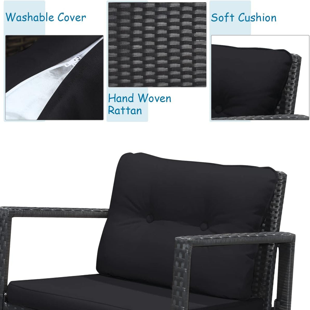 Tangkula 3 Pieces Patio Wicker Rocking Bistro Set, Outdoor Rocking Chair Furniture Set w/Cushioned Seat, Conversation Set w/Glass Coffee Table and Storage Shelf (Black)
