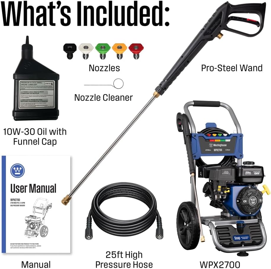 Westinghouse WPX2700 Gas Pressure Washer, 2700 PSI and 2.3 GPM, Onboard Soap Tank, Spray Gun and Wand, 5 Nozzle Set, for Cars/Fences/Driveways/Homes/Patios/Furniture