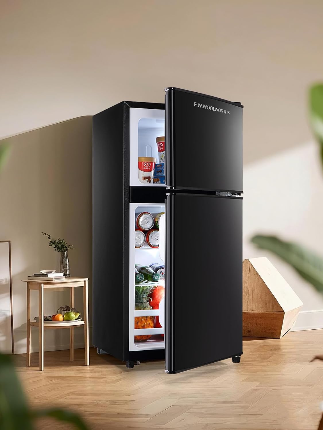 F.W.WOOLWORTHS 3.5 Cu.Ft Fridge with Freezer, Refrigerator with 2 Doors for Office, Kitchen, Dorm and Bedroom, Fridge with 7 Level Temp Adjustable Thermostat, Black