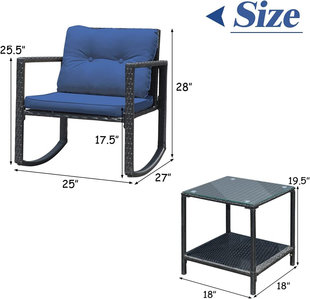 Tangkula 3 Pieces Patio Wicker Rocking Bistro Set, Outdoor Rocking Chair Furniture with Cushioned Seat, Conversation Set with Glass Coffee Table and Storage Shelf (Navy Blue)