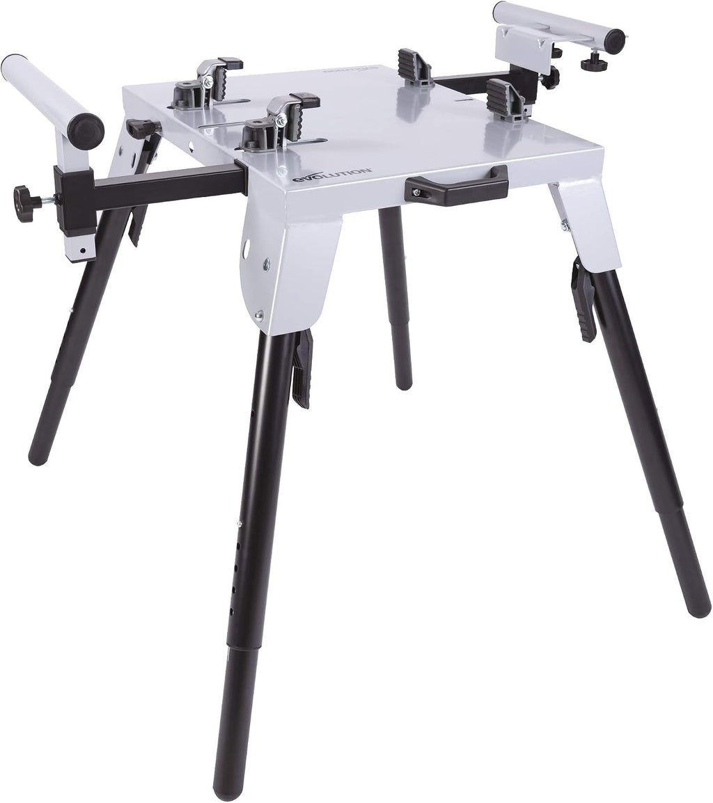 Evolution Power Tools 005-0002 Chop Saw Stand with Universal Fitting, Height Adjustable, 3M Extendable Arms & Supports Upto 225KG,Black/ Silver