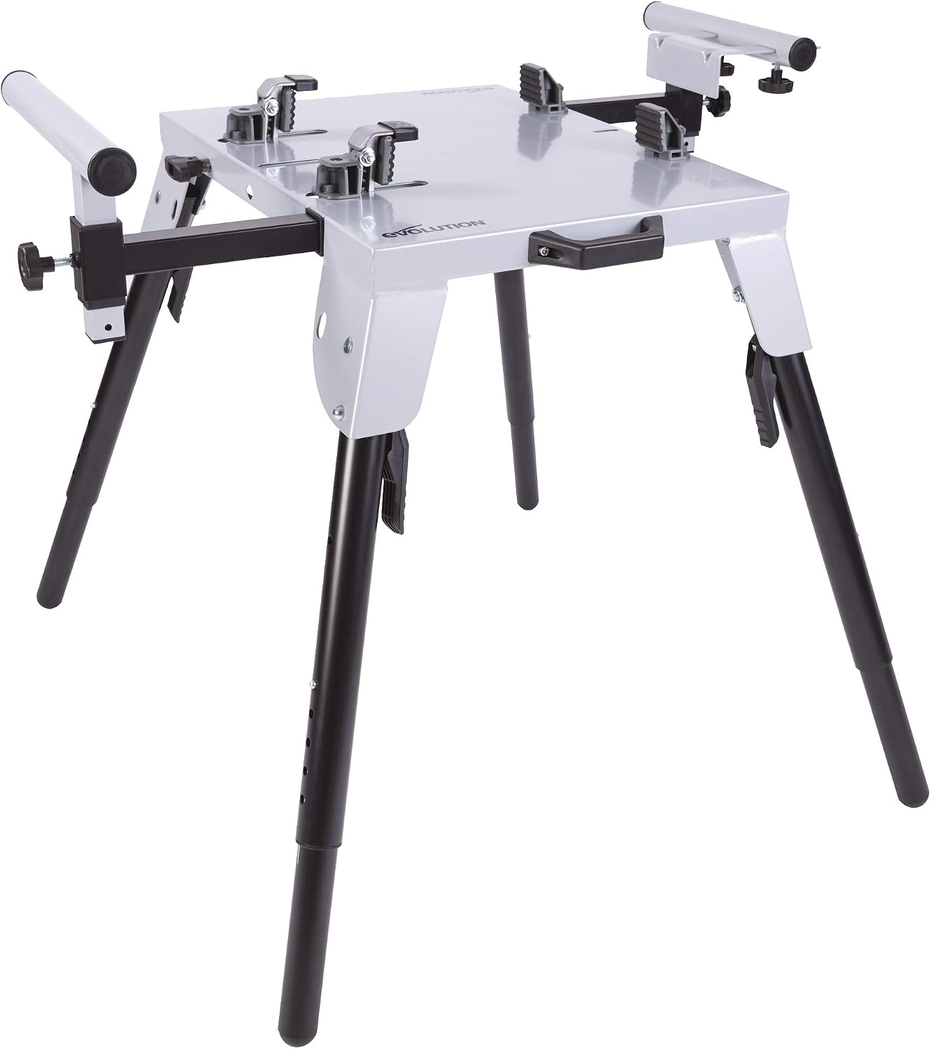 Evolution Power Tools 005-0002 Chop Saw Stand with Universal Fitting, Height Adjustable, 3M Extendable Arms & Supports Upto 225KG,Black/ Silver