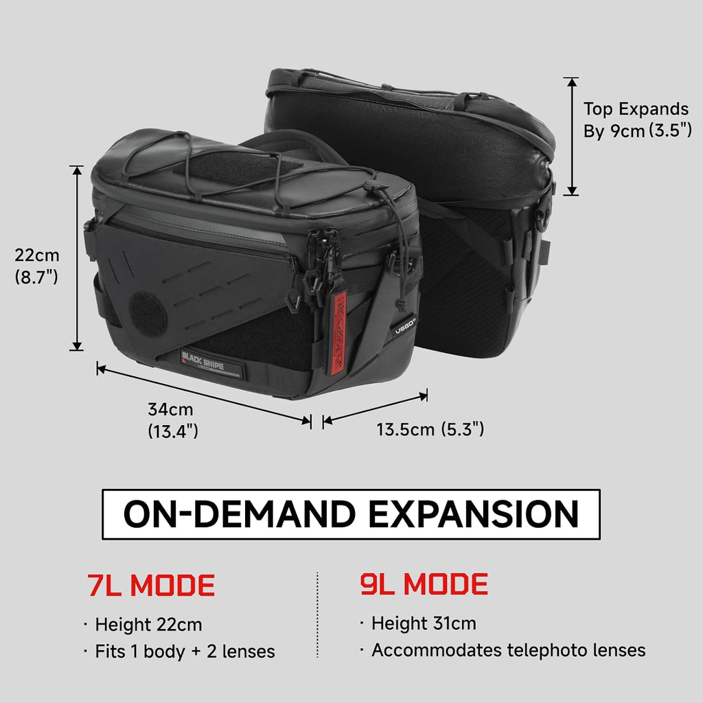 VSGO Black Snipe Pro 7-9L Expandable Camera Sling Bag – Waterproof Techwear Fabric, Anti-Twist, Modular Dividers & Tripod Holder, Lightweight Professional Camera Bag