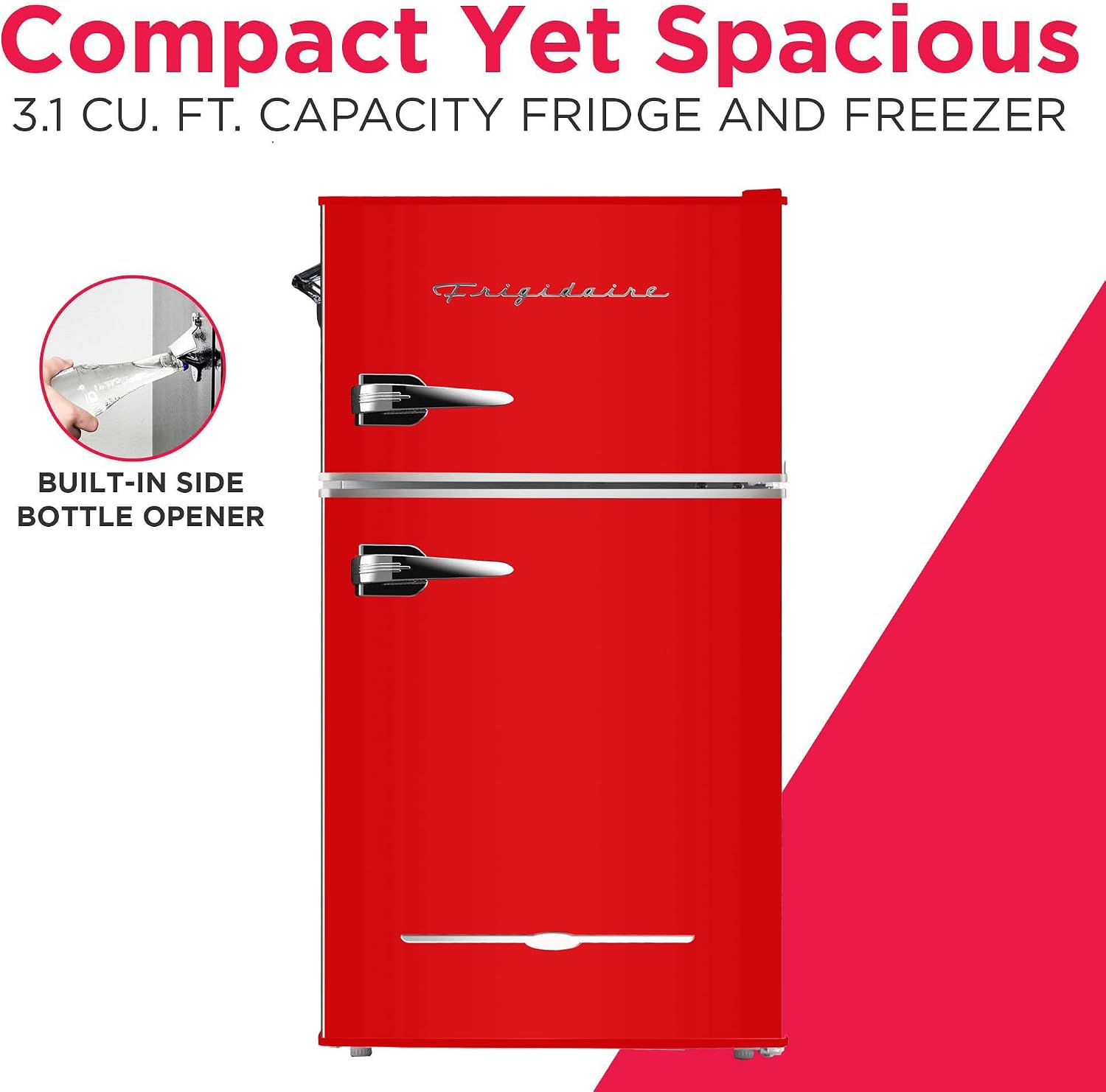 Frigidaire Retro Compact Fridge Freezer Combo, 3.1 cu. ft. Capacity, Small Top Freezer Refrigerator, Mini Fridge with Built-in Bottle Opener – 19''D x 20.5' W x 33.5' H (Red)