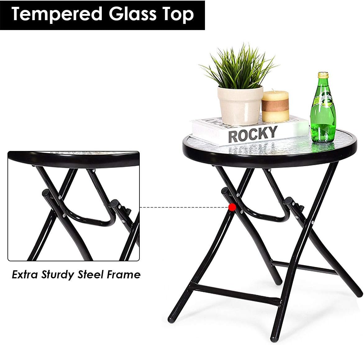 Giantex 3 PCS Folding Bistro Set Outdoor Patio Rocking Chairs Round Table Set 2 Rocking Chairs w/Glass Coffee Table for Yard, Patio, Deck, Backyard Padded Seat (Red & Black)