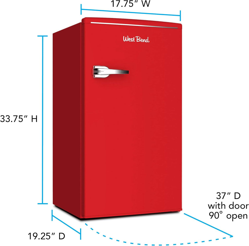 West Bend Mini Fridge for Bedroom, Office, Bar or College Dorm Room, Retro Compact Refrigerator features single door, removable glass shelves and adjustable temperature control, 3.0-Cu.Ft., Red