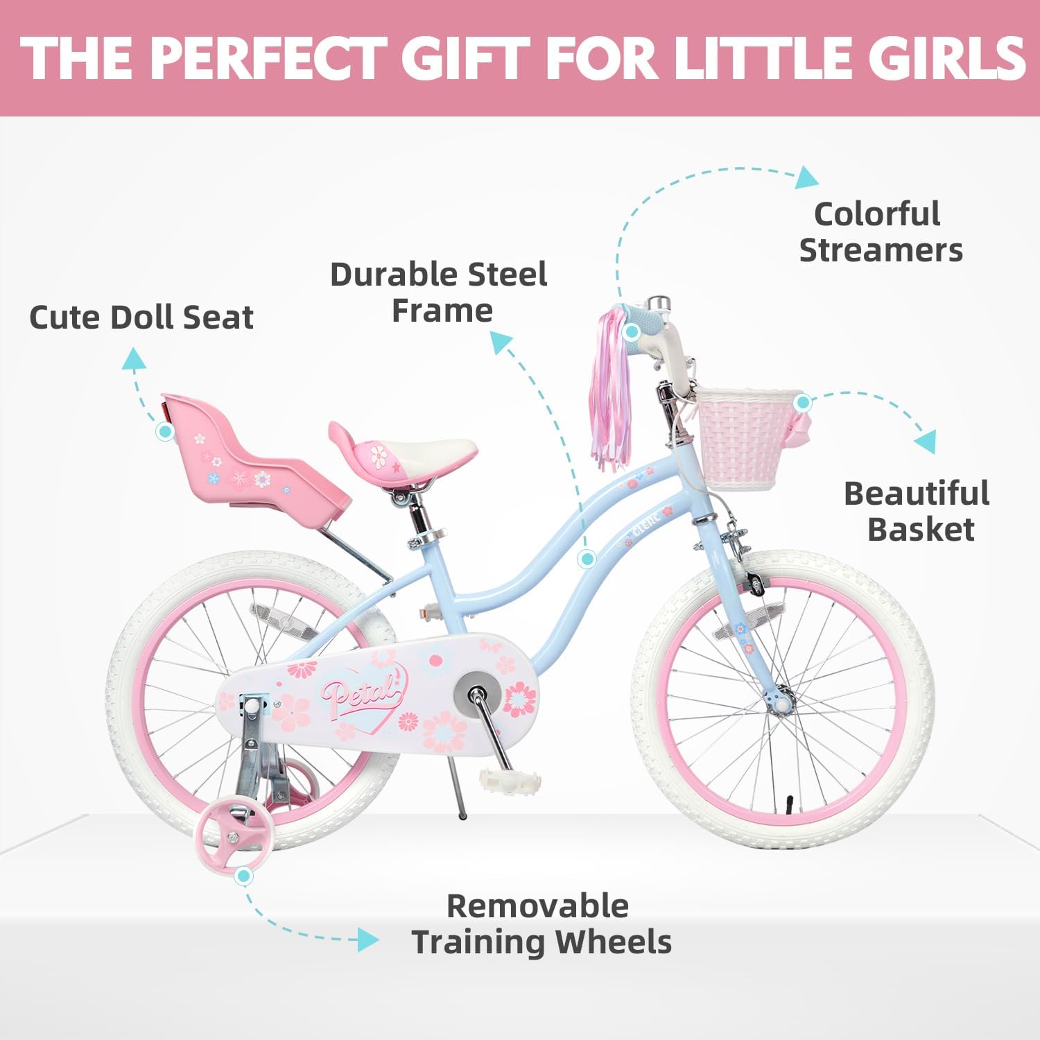Glerc Petal Girls Bike 12-18 Inch for Ages 2-9, Kids Bike with Training Wheels, Basket & Streamers, Princess Style Kids Bicycle, for Girls