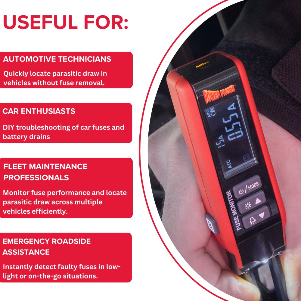 Power Probe PPFUSE Fuse Monitor - Circuit Tester for Mini, Maxi & ATC Fuses – Live Current Readings Up to 80A – Replaceable Tips, and Built-in Flashlight