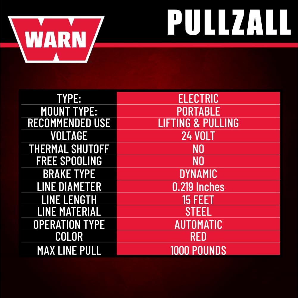 WARN 885030 PullzAll Cordless 24V DC Portable Electric Winch with Steel Cable and 1 Rechargeable Battery Pack: 1/2 Ton (1,000 lb) Lifting/Pulling Capacity, Red