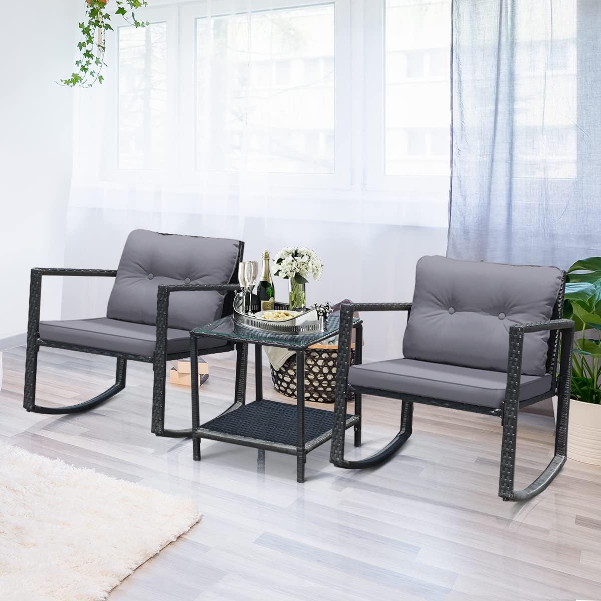 Tangkula 3 Pieces Patio Wicker Rocking Bistro Set, Outdoor Rocking Chair Furniture Set w/Cushioned Seat, Conversation Set w/Glass Coffee Table and Storage Shelf (Gray)