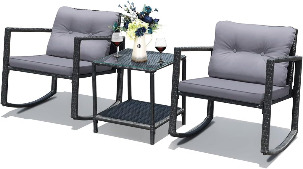 Tangkula 3 Pieces Patio Wicker Rocking Bistro Set, Outdoor Rocking Chair Furniture Set w/Cushioned Seat, Conversation Set w/Glass Coffee Table and Storage Shelf (Gray)