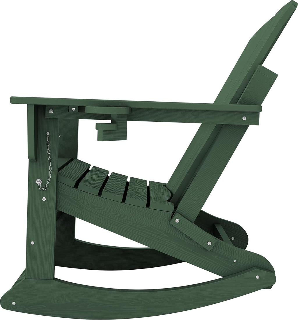 KINGYES Adirondack Rocking Chair with Retractable Ottoman and Cup Holders, HDPE Adirondack Rocker Patio Rocking Chair for Porch, Patio, Balcony, Dark Green