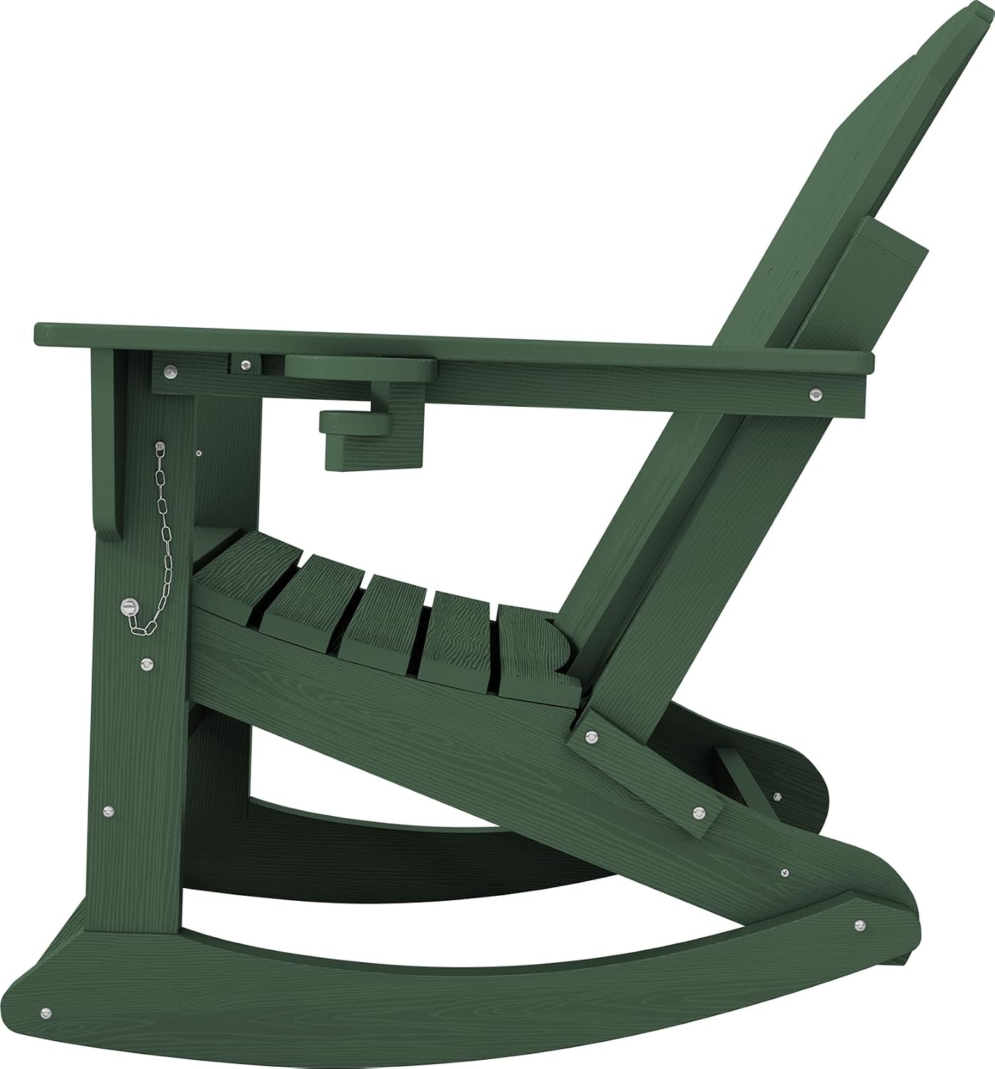 KINGYES Adirondack Rocking Chair with Retractable Ottoman and Cup Holders, HDPE Adirondack Rocker Patio Rocking Chair for Porch, Patio, Balcony, Dark Green
