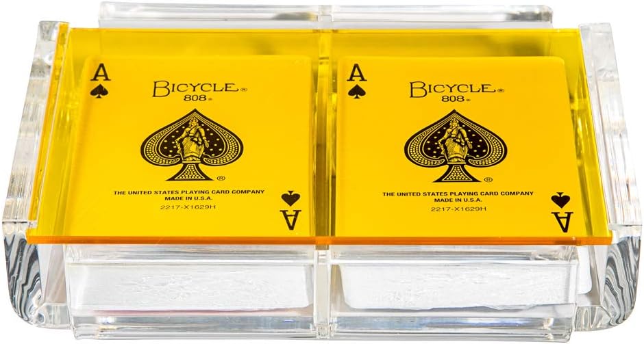 Modern Elegant Playing Card Deck Holder Tray with 2 Decks of Playing Cards in Unique Stylish Deluxe Acrylic Box with Color lid (Yellow)