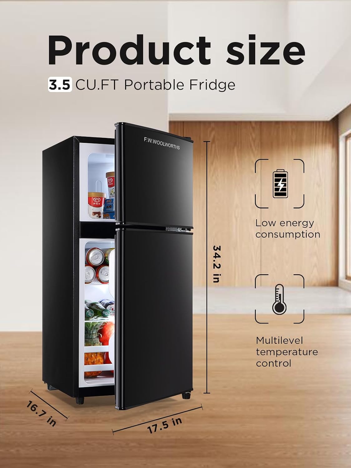 F.W.WOOLWORTHS 3.5 Cu.Ft Fridge with Freezer, Refrigerator with 2 Doors for Office, Kitchen, Dorm and Bedroom, Fridge with 7 Level Temp Adjustable Thermostat, Black