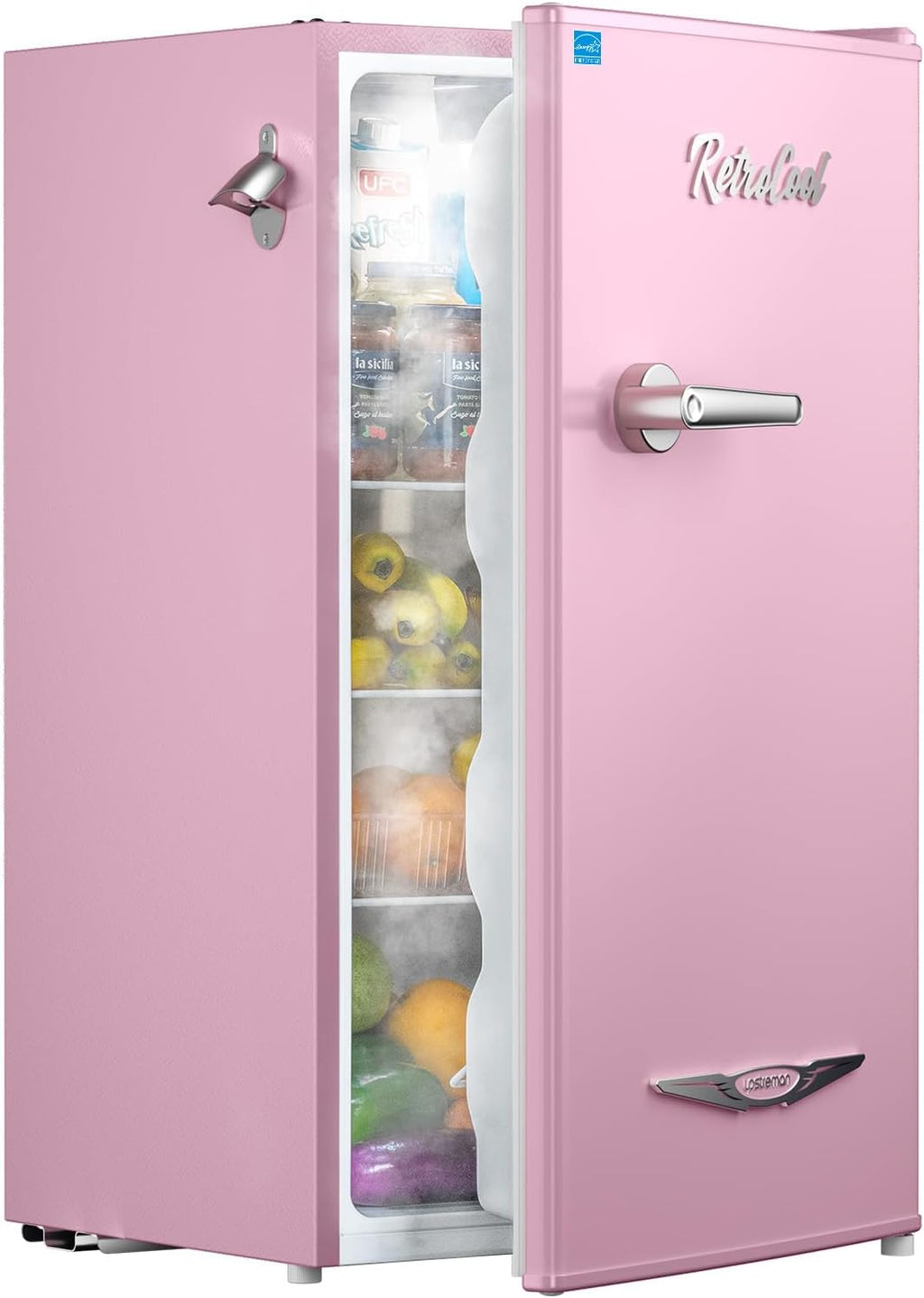 Upstreman 3.2 Cu.Ft Retro Mini Fridge with Bottle Opener, Energy Saving, Adjustable Thermostat, Metal Handle, LED Lamp, Mini Refrigerator for Bedroom, Office, Dorm-BR321 PRO (Pink)