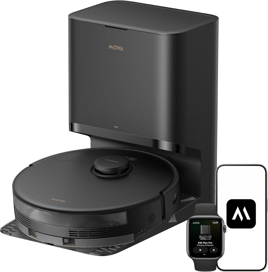 Mova E30 Pro Plus Robot Vacuum, 19000Pa Suction, DuoRoller Brush Anti-Tangle, Self-Emptying 90-Day Hands-Free, Extendable Side Brush for Edge Cleaning, App & Voice Control