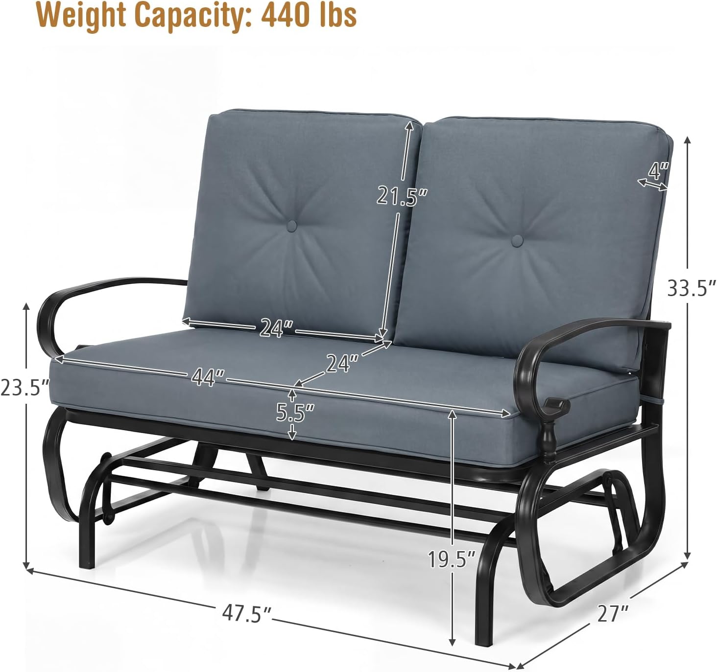 Giantex Outdoor Glider Bench, Patio 2 Person Loveseat with Removable Cushion, Thick Padded Seat, Stable Steel Frame, 400Lbs Capacity, Outside Glider Swing Chair for Deck, Poolside, Yard, Porch (Grey)