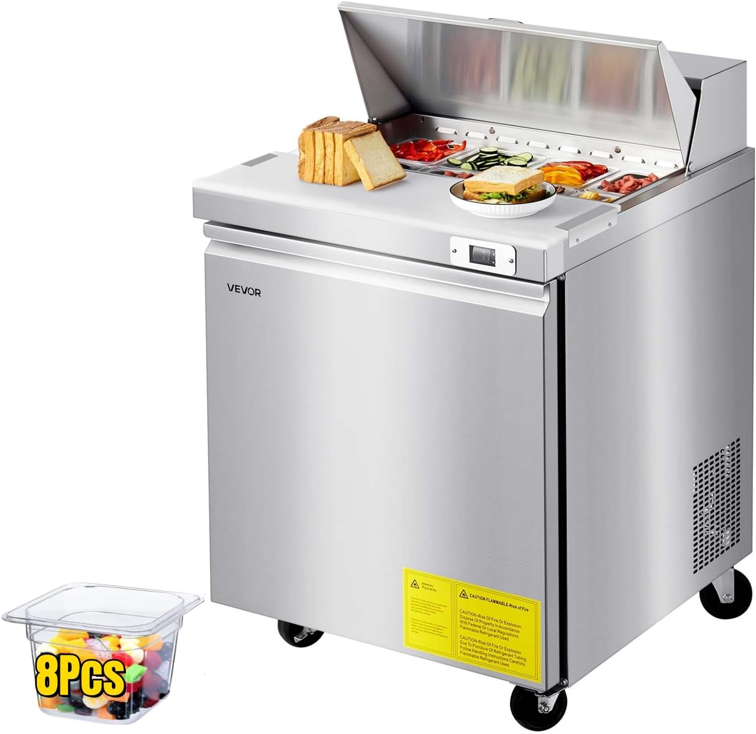VEVOR Commercial Refrigerator, 28' W Sandwich/Salad Prep Refrigerated Table, Stainless Steel Food Prep Station Fridge with 8 Pan, for Restaurant, Bar, Shop, 7.1 Cu. Ft Refrigerator Single Door, Silver