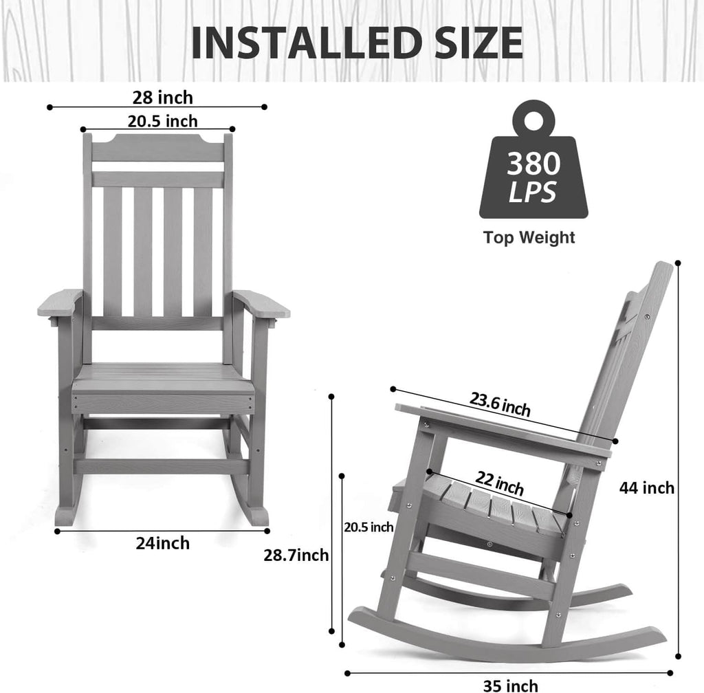 Rocking Chairs Set of 2, All Weather Resistant Poly Lumber Outdoor Porch Rocker, Rocking Chairs for Outdoor, Indoor, Patio, Deck, Garden, Backyard, Load Bearing 380 lbs - Grey