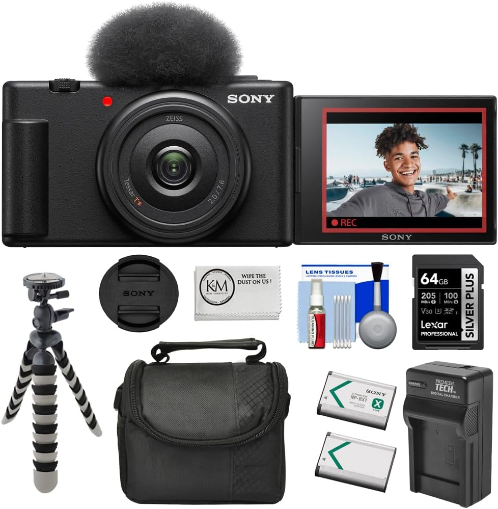 Sony ZV-1F Vlogging Camera | Black Bundle with 64GB Memory Card + Cleaning Cloth + 8' Flexipod + Spare Battery & Charger + Camera Bag + 5-Piece Cleaning Kit (8 Items)