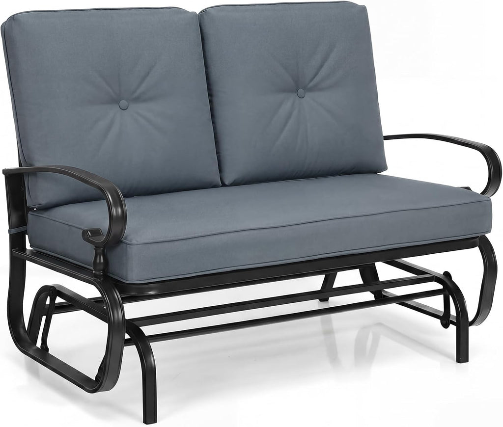 Giantex Outdoor Glider Bench, Patio 2 Person Loveseat with Removable Cushion, Thick Padded Seat, Stable Steel Frame, 400Lbs Capacity, Outside Glider Swing Chair for Deck, Poolside, Yard, Porch (Grey)