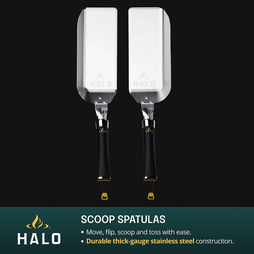 HALO Elite 8-Piece Ultimate Griddle Kit | 2 Scoop Spatulas, 2 Spatulas, Scraper Squeegee, Tongs, 2 Squeeze Bottles | Stainless Steel Accessories with Magnetic Handles | HZ-3025