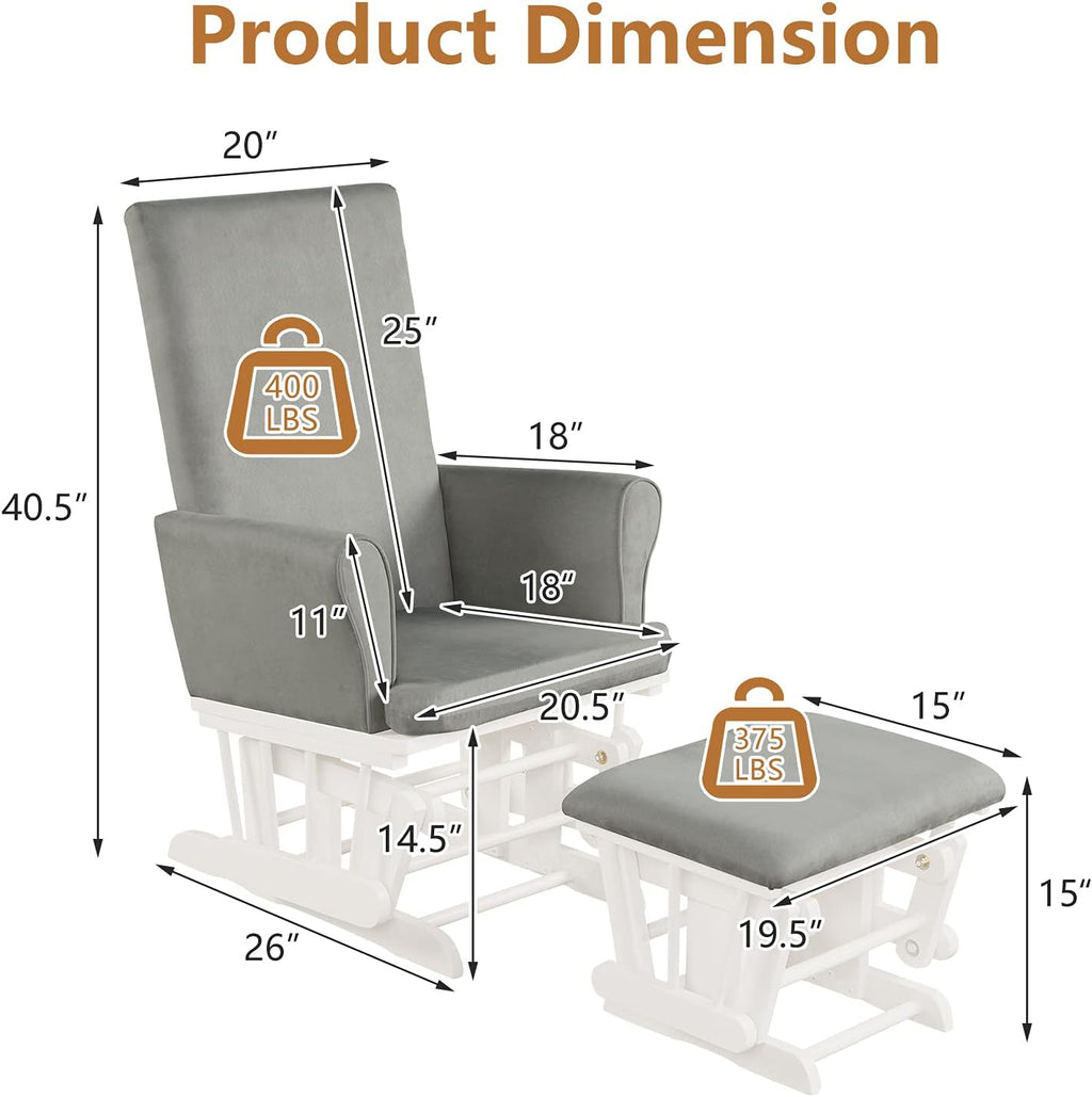 Costzon Glider and Ottoman Set, Wood Baby Rocker Nursery Furniture for Napping Reading Nursing, Cleanable Upholstered Comfort Rocking Nursery Chair with Detachable Cushion (Light Gray)