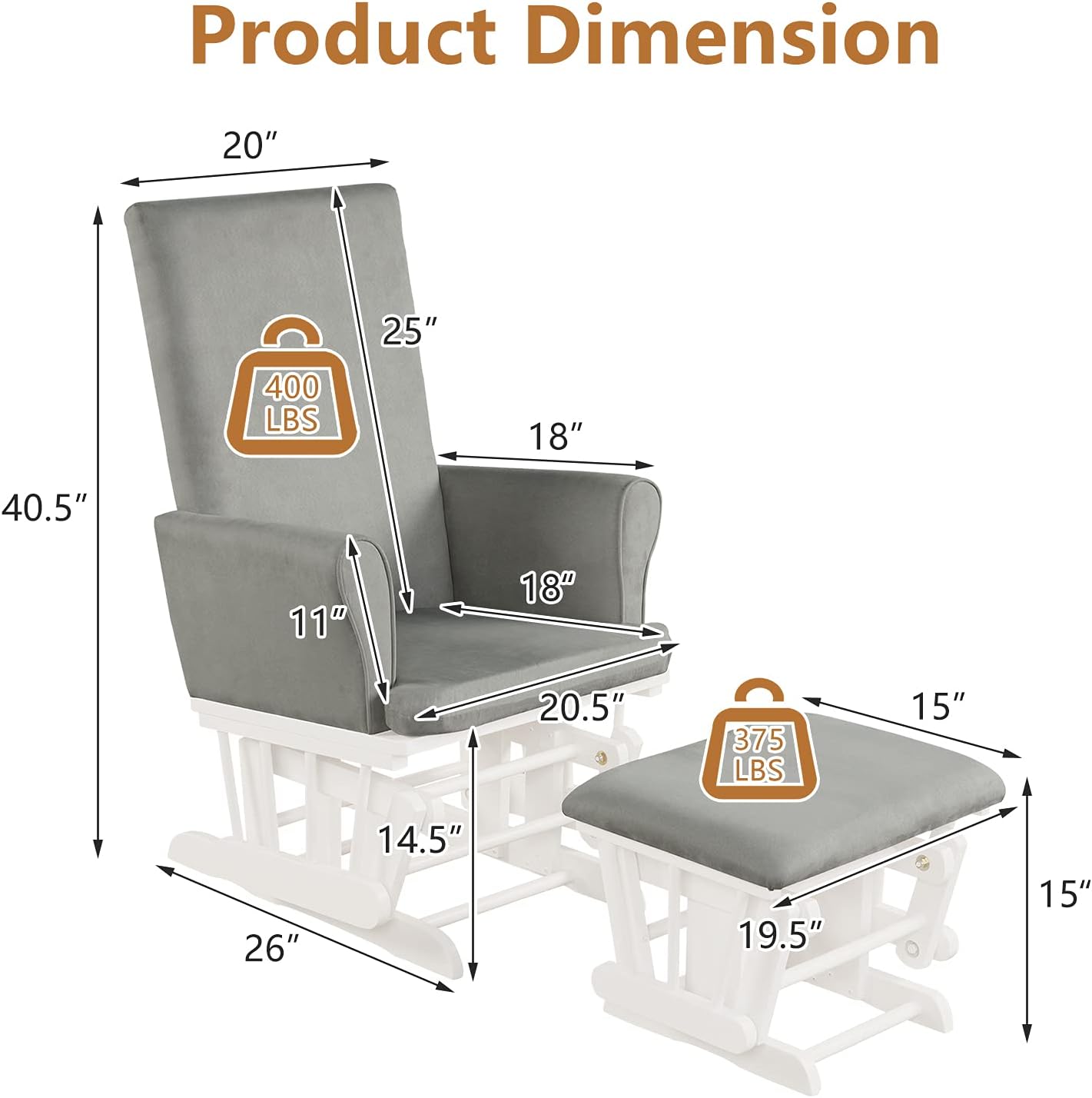 Costzon Glider and Ottoman Set, Wood Baby Rocker Nursery Furniture for Napping Reading Nursing, Cleanable Upholstered Comfort Rocking Nursery Chair with Detachable Cushion (Light Gray)