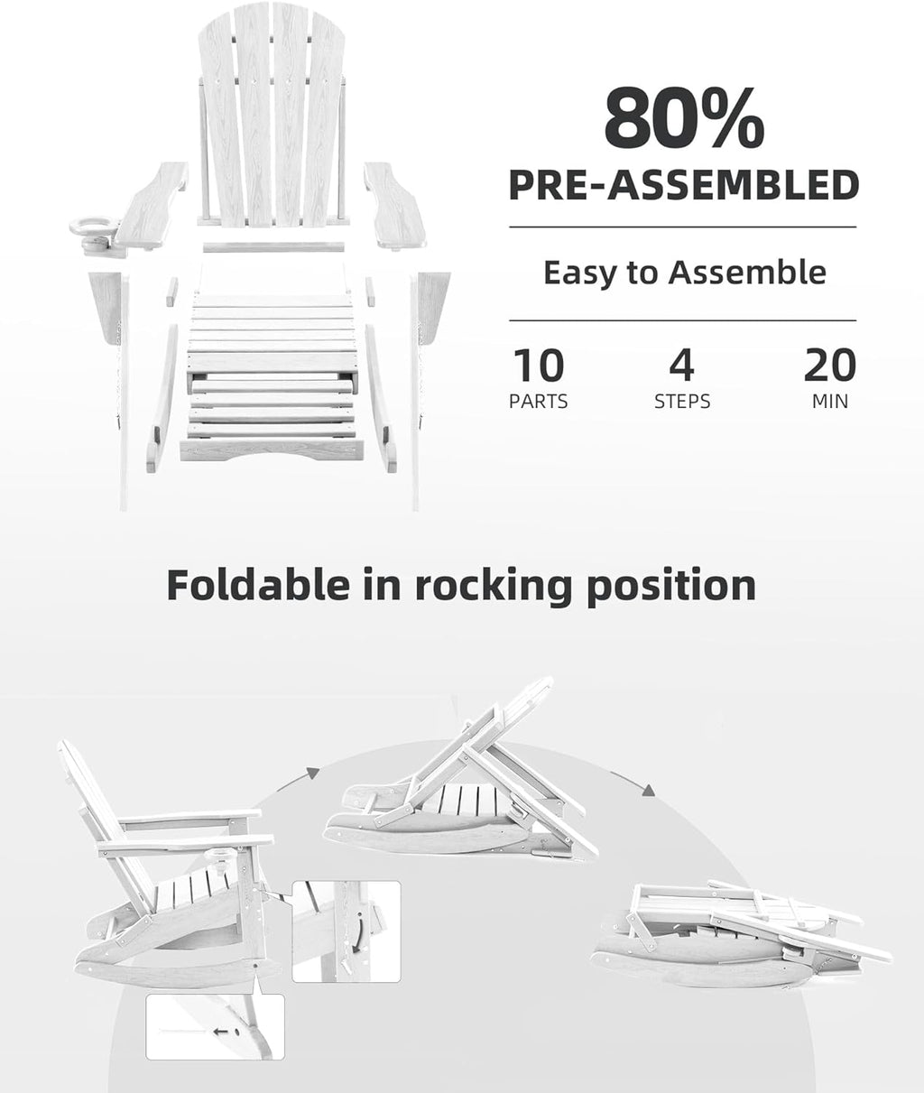 Folding Adirondack Rocking Chair Set of 4,4-in-1 Multifunctional Patio Chairs with Retractable Ottoman, Outdoor Chairs Wood Texture, Lawn Chair for Porch, Backyard, Pool(White)