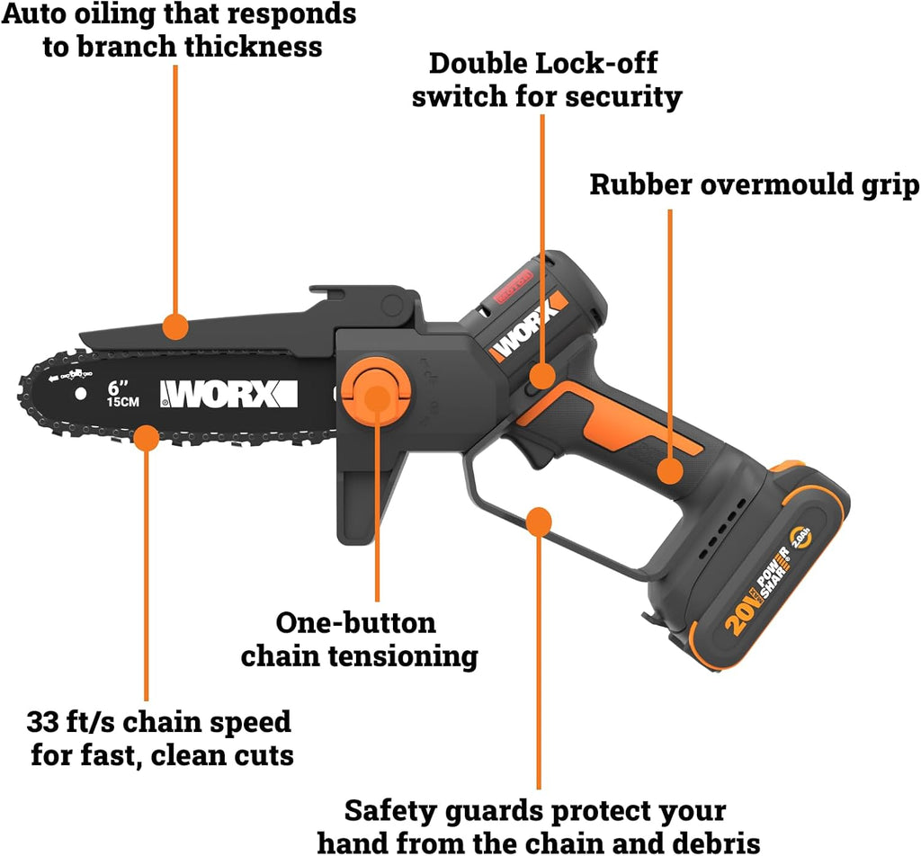WORX Mini Chainsaw, 20V 6'' Pruning Saw with Brushless Motor, 33 ft/s Chain Speed, Only 3.49 lbs, Includes 20V 2.0 Ah Battery and Charger, PowerShare