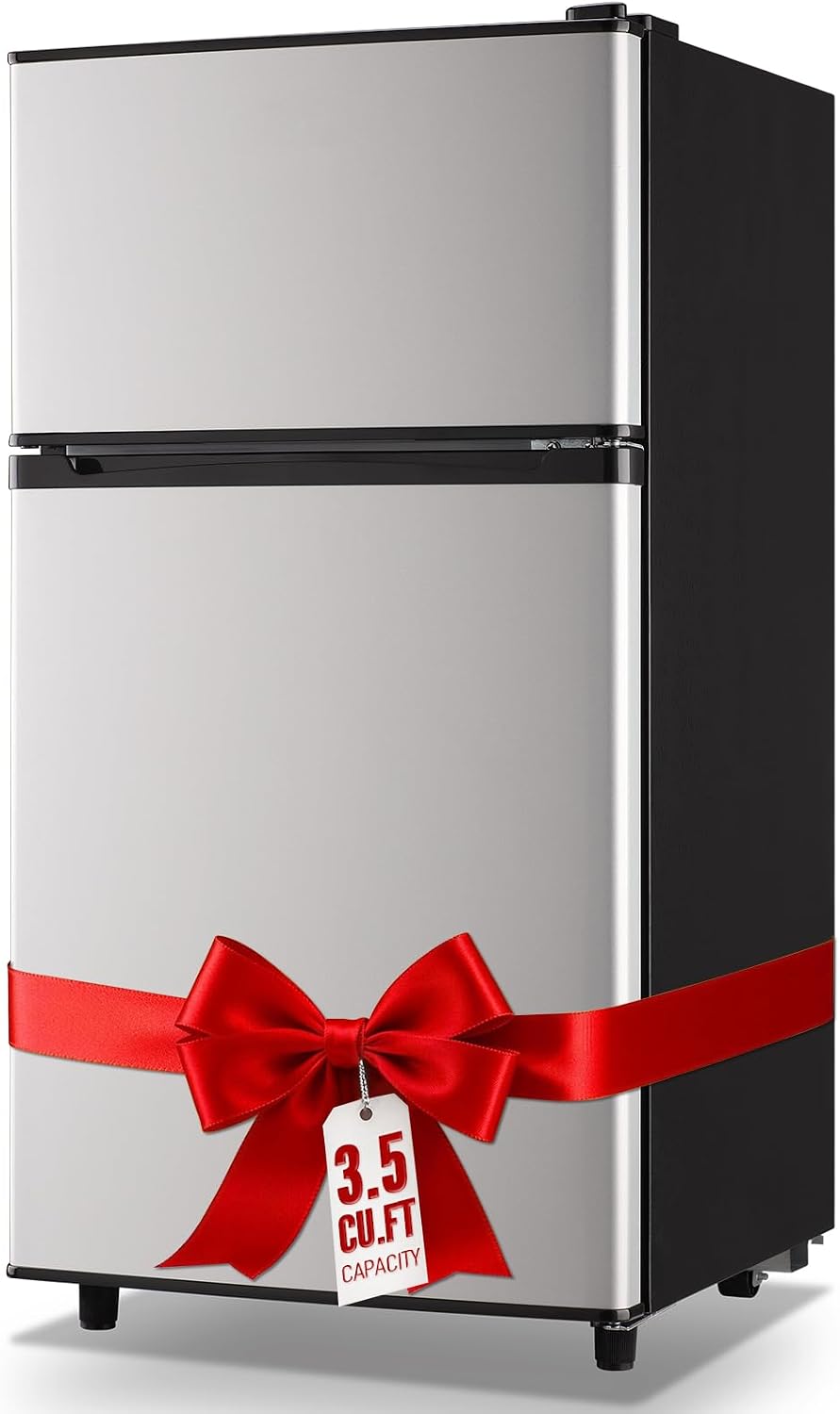 WANAI Mini Fridge with Freezer, 3.5 cubic feet 2- Doors Small Refrigerator Features 7 Gear Mechanical Control, Side Bottle Rack, Ideal for Dorm, Kitchen, Apartment, Office, Silver