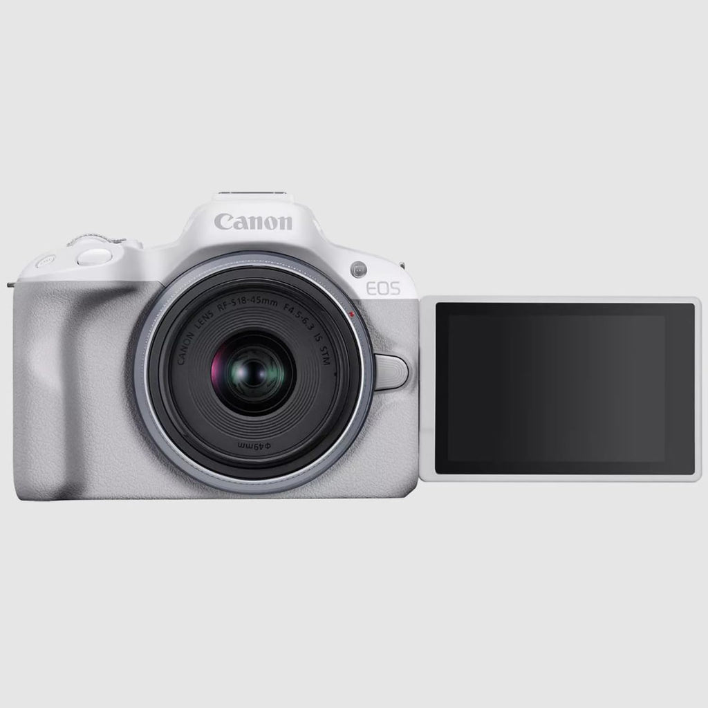 Canon EOS R50 Mirrorless Camera (White) with RF-S 18-45mm F4.5-6.3 is STM Lens 5812C012 Bundle with Deco Gear Photography Bag + 2 x Battery + 2 x 64GB Memory Cards + Accessories Kit