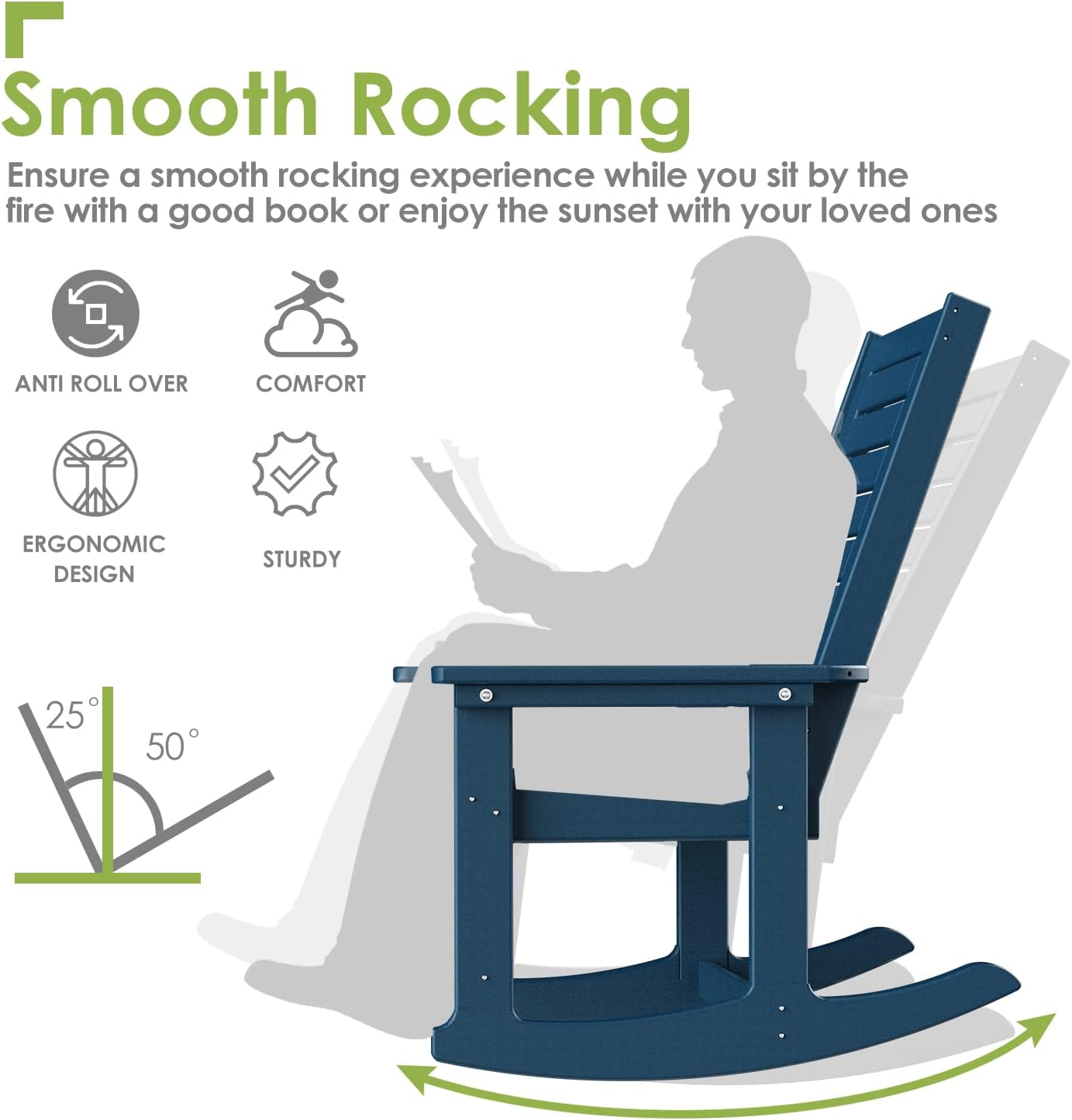 GREENVINES Outdoor Rocking Chairs | Set of 2 | Porch Rocker | HDPE Plastic | Blue | Oversized Rockers | High Back | Big & Tall | Ladder Back | for Patio Outside Backyard Balcony Garden