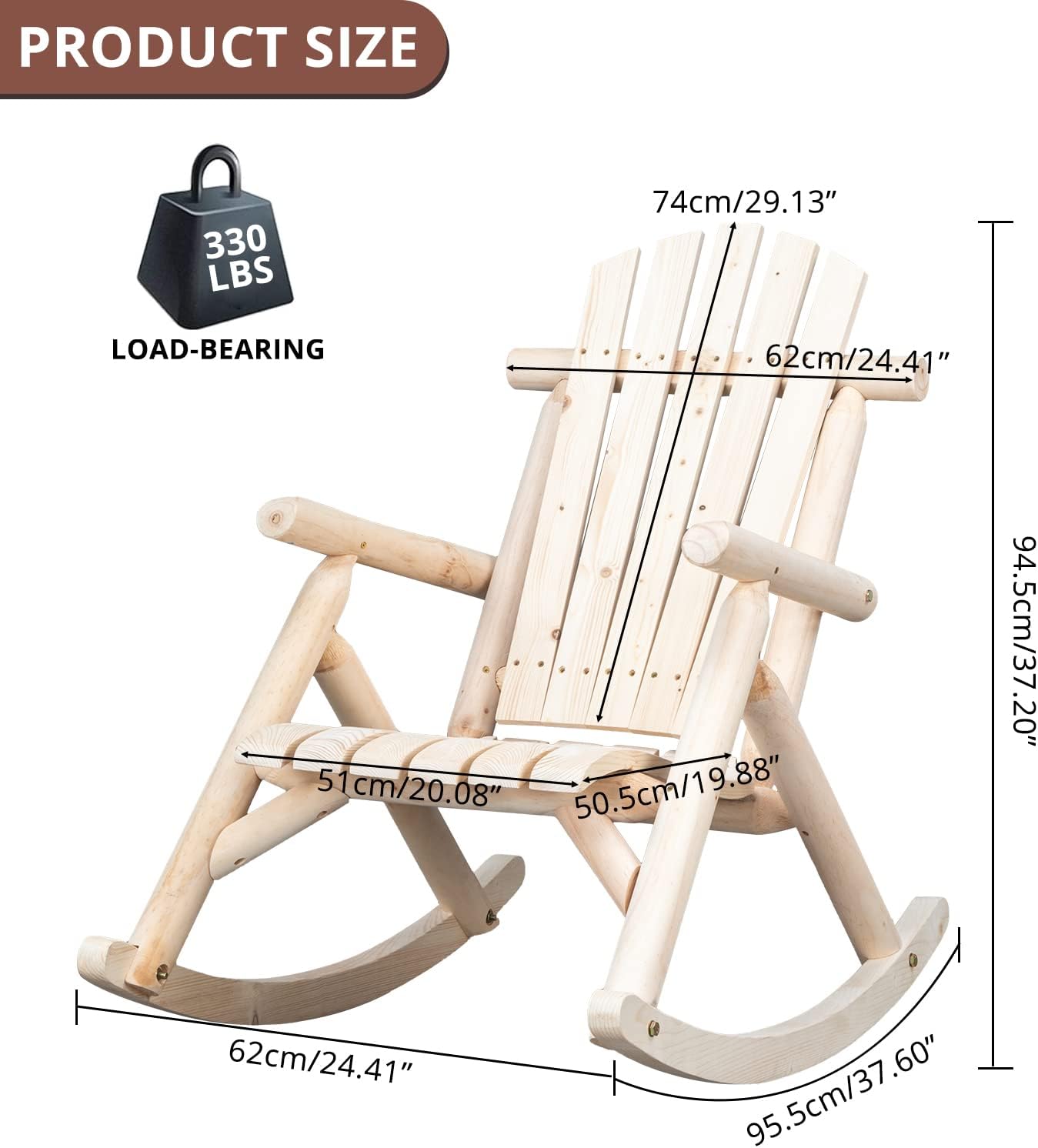 Outvita Wooden Rocking Chair Set of 2, Fir Log Adirondack Rocker, Outdoor Wood Accent Furniture Lounge Chairs for Garden Patio Backyard Porch (Natural Finish)