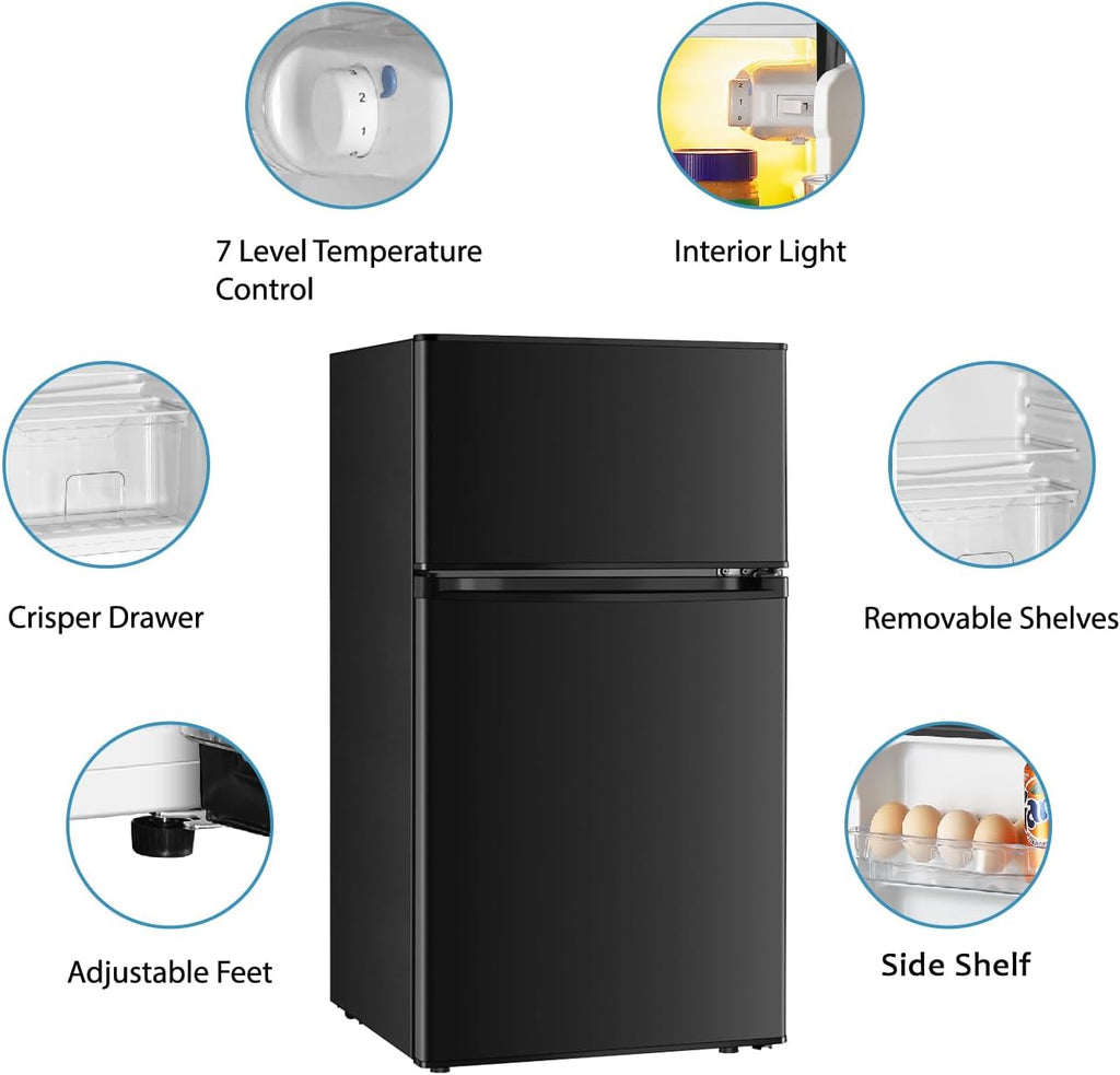 Saeoola Mini Fridge with Freezer, 3.2 Cu.Ft, 2 Doors Compact Mini Refrigerator with Separate Freezer for Dorm, Bedroom, Office, Apartment with 7-Level Temperature Control, Removable Shelves (Black)