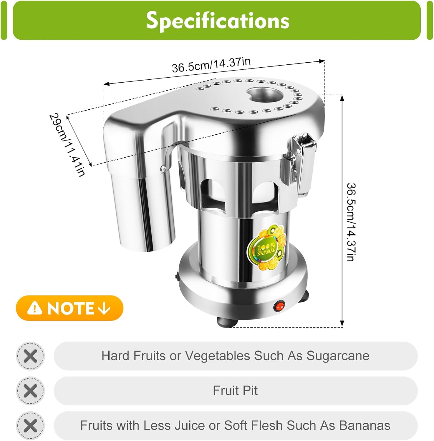 Automatic Pulp Separation Juicer, Stainless Steel Juice Extractor with 2800 RPM, 370W Electric Juicer with Deep Feed Chute and Low Noise Design for Family & Restaurant