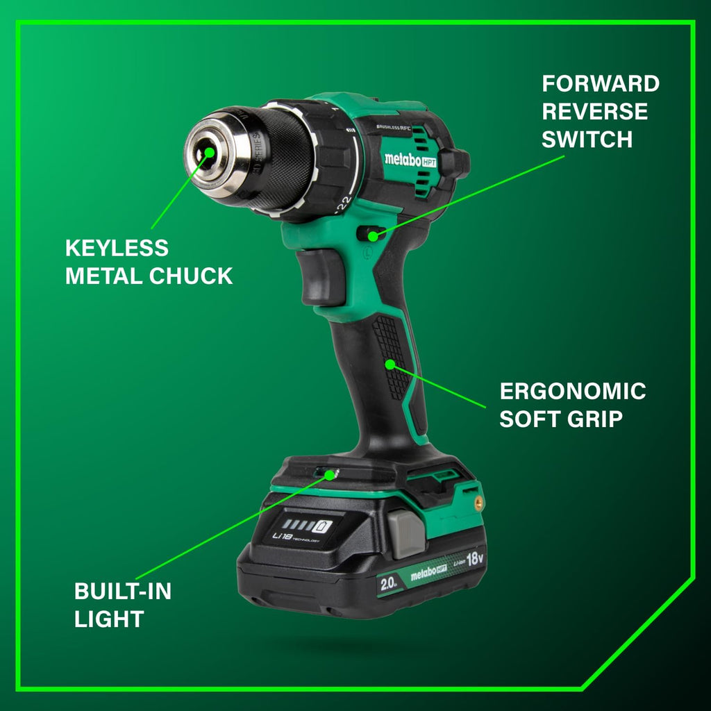 Metabo HPT 18V MultiVolt 1/2' Cordless Brushless Driver Drill Kit, High Power Drill Set with Bag, 2 Lithium-Ion Metabo Batteries and Charger, Compact Lightweight Power Driver, DS18DEX