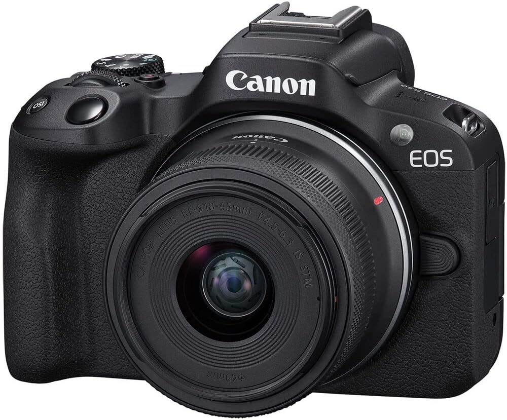 Canon EOS R50 Mirrorless Camera with 18-45mm Lens (Black) (5811C012) + 64GB Card + Filter Kit + Corel Photo Software + Bag + Charger + LPE17 Battery + Card Reader + Flexible Tripod + More (Renewed)