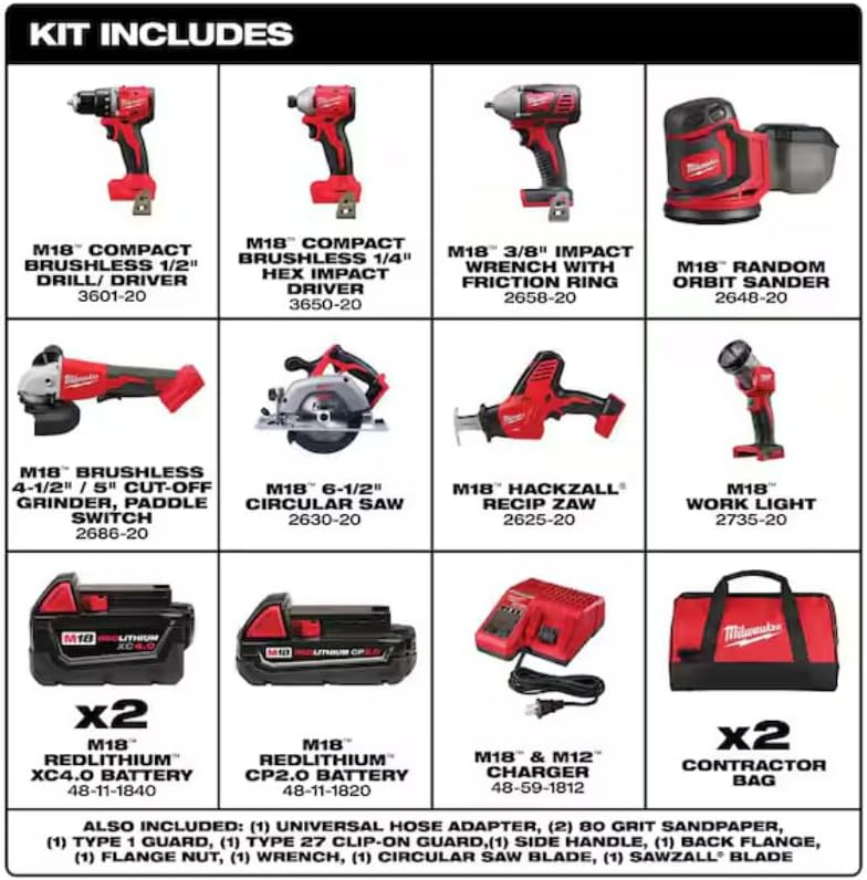Milwaukee M18 18V Cordless Power Tool Combo Kit, 8-Tool Set, 3 Batteries, 2 Tool Bags, Charger Included